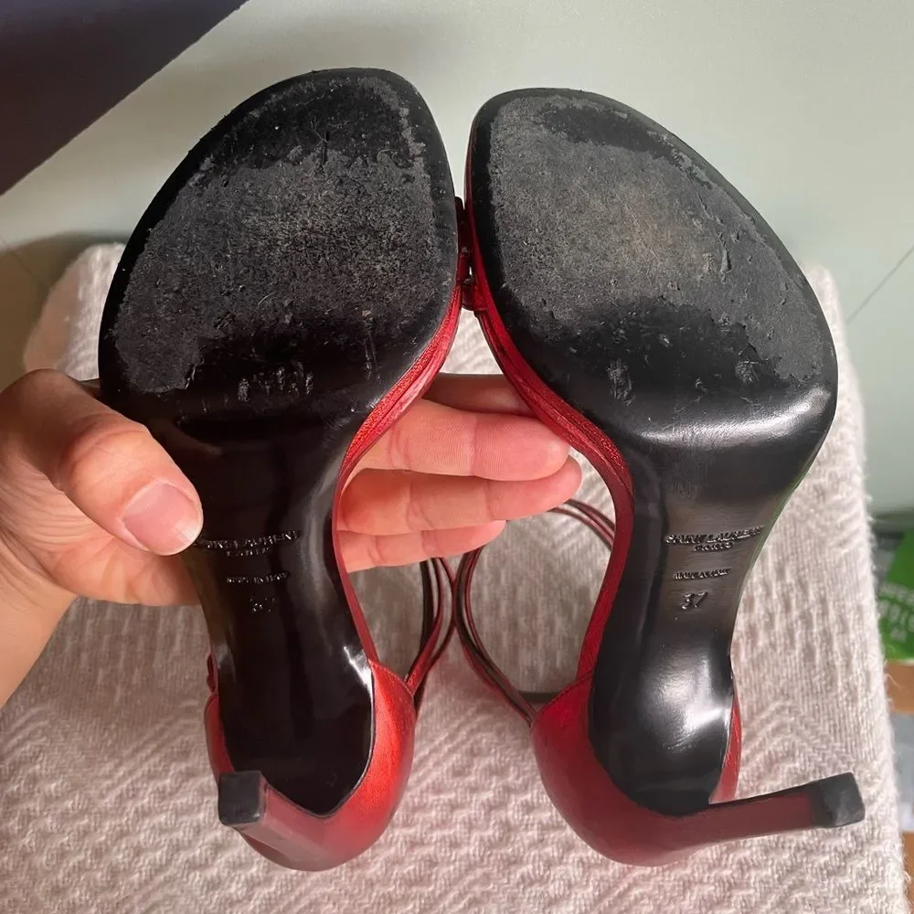 Saint Laurent / YSL Strappy Heeled Sandals, Metallic Rouge Orient, Size 37 - Picture 8 of 11